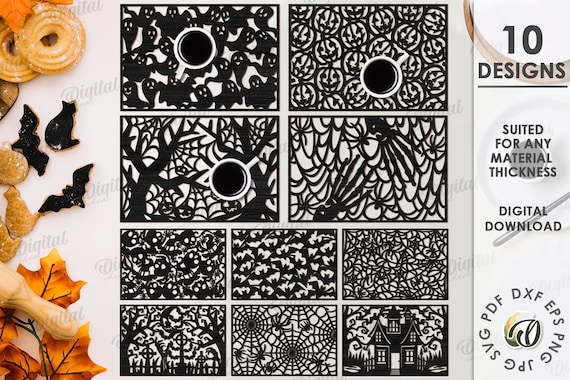 Wooden Halloween placemats bundle, decorative table mat laser cut, kitchen spooky decor svg, wooden table protector, pumpkin patterns