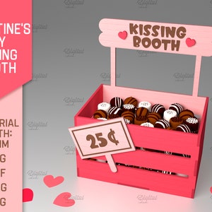 Valentine candy holder box, Valentine&#39;s Day kissing booth box, 3D Valentines storage laser cut, love svg, kisses svg, laser cut favor box