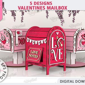Paquete de buzones de correo 3D para San Valentín, correo de amor de San Valentín cortado con láser, buzón SVG, citas de San Valentín, notas de amor SVG, buzón de madera