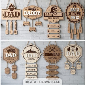 May include: Wooden wall signs with various designs for dads and grandpas. Each sign has a unique theme, such as fishing, grilling, or dinosaurs, and includes customizable name tags. The signs are suitable for any material thickness.