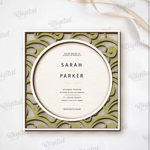 May include: A square wedding invitation with a circular central design. The invitation features the names "Sarah and Parker" and event details. The design includes a decorative green and brown patterned border and the text "Suited for any material thickness".