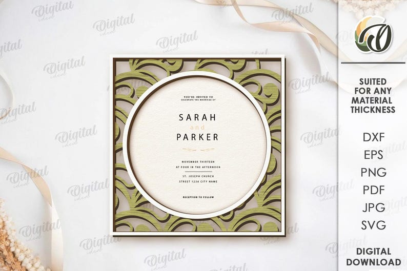 May include: A square wedding invitation with a circular central design. The invitation features the names "Sarah and Parker" and event details. The design includes a decorative green and brown patterned border and the text "Suited for any material thickness".
