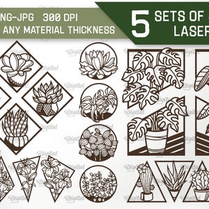 Pacchetto di arte da parete vegetale, succulenti segni da parete tagliati al laser, 5 set di arte da parete tagliati su carta, taglio laser di decorazioni per la casa, pannelli da parete boho, natura in formato SVG
