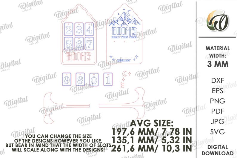 May include: A digital design for a book tracker, featuring cut-out shapes with numbers, the text "BOOKS READ THIS YEAR", and mountain and moon graphics. The average size is 7.78 inches wide, 5.32 inches high, and 10.3 inches long.