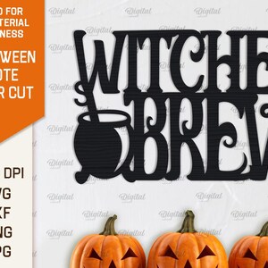 May include: Black and white digital cut file design of a cauldron with a stirring stick and the text "Witches Brew".