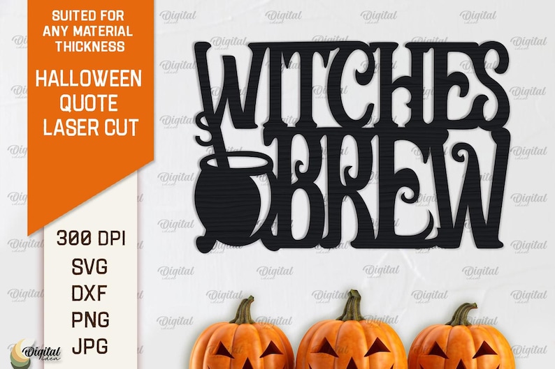 May include: Black and white digital cut file design of a cauldron with a stirring stick and the text "Witches Brew".