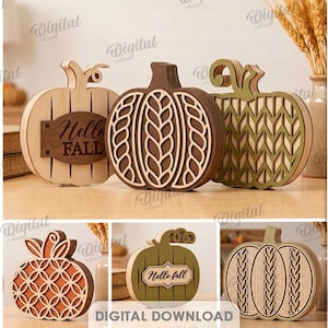 Op de afbeelding: Een collectie van tien decoratieve houten pompoenontwerpen met diverse lasergesneden patronen, waaronder kabelbreistructuren en de tekst Hello Autumn of Hello Fall. Deze digitale bestanden zijn ontworpen in meerdere lagen.