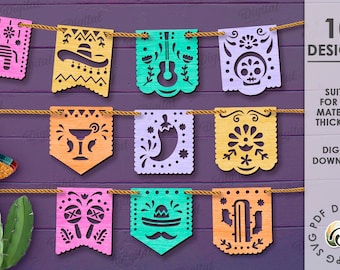 3D Cinco de Mayo banners bundle, papel picado garland laser cut, Mexican bunting flags svg, fiesta wall decor, cielito lindo papel picado