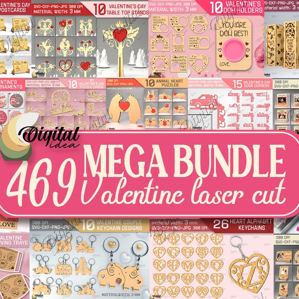 Mega Bundle découpé au laser pour la Saint-Valentin, 469 motifs découpés au laser pour la Saint-Valentin, SVG découpé au laser 3D, carte pop-up, boîte à vin, cadre photo, figurines svg