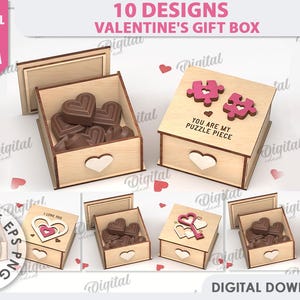 3D Valentine&#39;s day gift boxes bundle, Valentine candy holder box laser cut, wooden storage box, Valentine&#39;s Day quotes svg, present box