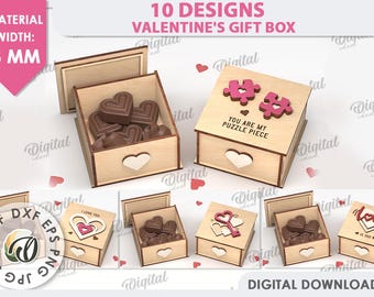 May include: Ten Valentine's Day gift box designs featuring various themes, including hearts, puzzle pieces, and the words "You Are My Puzzle Piece" and "Love". The boxes are made of wood and are 3 mm thick.