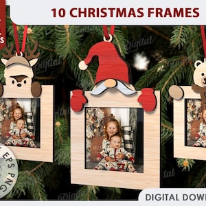Paquete de marcos navideños 3D, adorno de marco de fotos de árbol de Navidad cortado con láser, marcos de fotos de juguete de árbol de Navidad, lindo adorno de fotos en capas svg