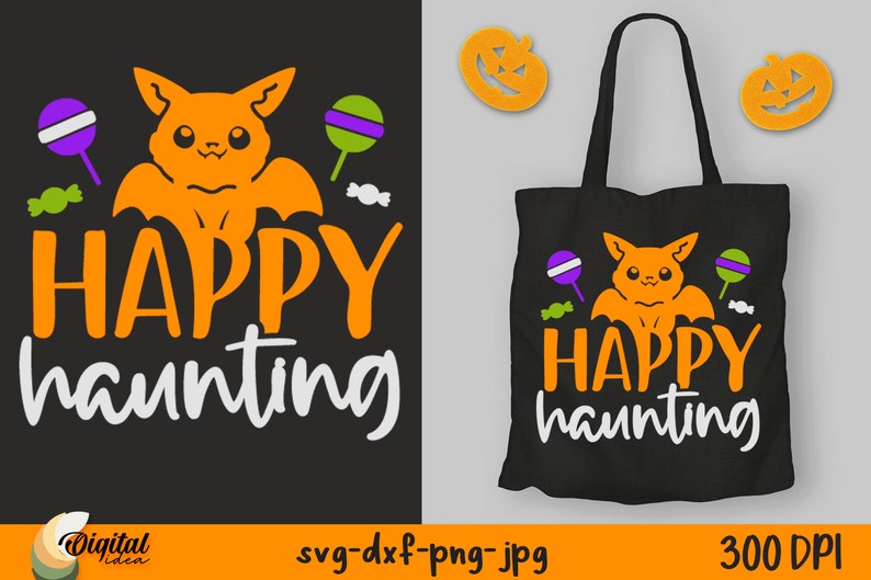 Op de afbeelding: Oranje vleermuis met een schattig gezicht en vleugels, omringd door snoep en de tekst "Happy haunting".