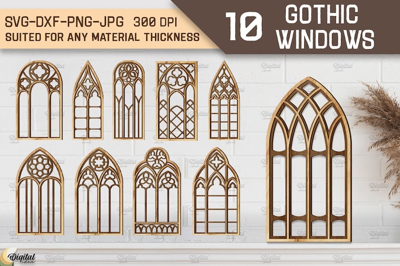 May include: Ten different designs of gothic style windows, in a brown wood finish, on a white brick wall background. SVG-DXF-PNG-JPG 300 DPI.  Suited for any material thickness.