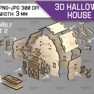 K&ouml;nnte beinhalten: Ein zerlegter 3D-Halloween-Haus 2-Modellbausatz aus Holz. Das Set enth&auml;lt verschiedene Teile wie W&auml;nde, Dachabschnitte, Fenster und dekorative Elemente. Der Text "3D HALLOWEEN HOUSE 2" ist sichtbar. Die Materialbreite betr&auml;gt 3 mm.