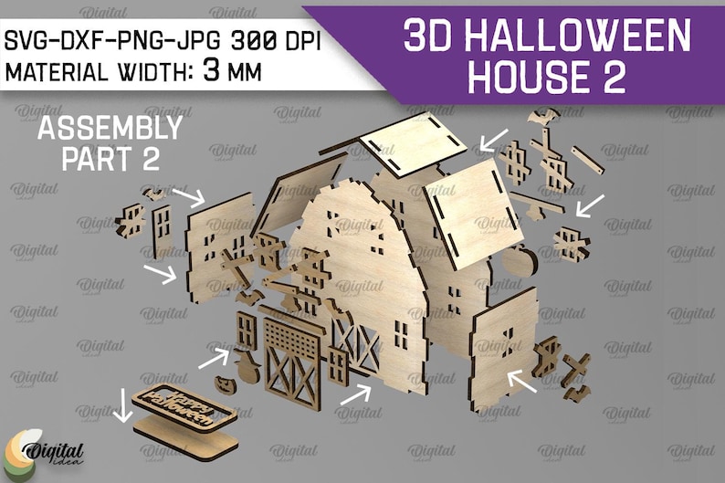 K&ouml;nnte beinhalten: Ein zerlegter 3D-Halloween-Haus 2-Modellbausatz aus Holz. Das Set enth&auml;lt verschiedene Teile wie W&auml;nde, Dachabschnitte, Fenster und dekorative Elemente. Der Text "3D HALLOWEEN HOUSE 2" ist sichtbar. Die Materialbreite betr&auml;gt 3 mm.