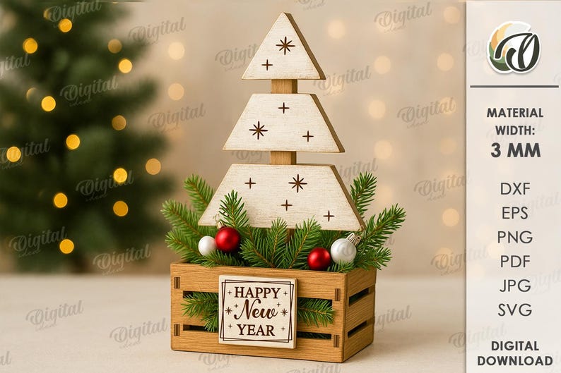 May include: Wooden Christmas tree decoration with a Happy New Year sign. The tree is made of three stacked, cream-colored, triangular pieces with star and cross cutouts. It sits in a wooden crate with greenery and red and silver ornaments. The material width is 3 mm.