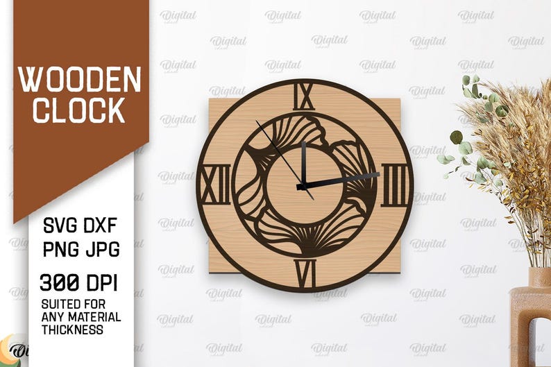 May include: A wooden clock with a floral design and Roman numeral markings. The clock is on a light wood background.