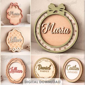 Puede incluir: Una colección de diez diseños de nombres de madera en varias formas, incluyendo óvalos, redondos y marcos ornamentados. Cada diseño presenta un nombre, con el texto "DESCARGA DIGITAL" en la parte inferior y "ADAPTADO A CUALQUIER GROSOR DE MATERIAL" a la derecha.