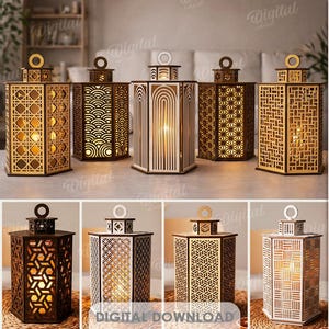 May include: A selection of laser-cut wooden lanterns with diverse geometric and patterned designs. The lanterns are illuminated, highlighting the detailed cutouts. The image also shows the text "10 DESIGNS" and "DIGITAL DOWNLOAD". The material width is 3 mm.