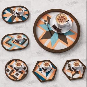 May include: A collection of ten wooden serving trays with geometric designs in shades of brown, orange, and blue. Each tray holds a cup of coffee with a spoon and a small chocolate square. The text "10 DESIGNS" and "DIGITAL DOWNLOAD" are visible.