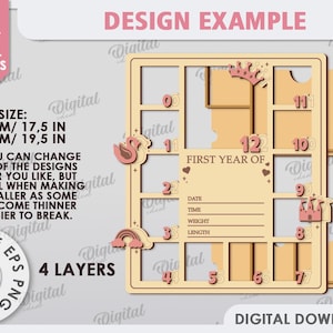 May include: A digital download design for a princess-themed first year memory board. The design is made up of 12 squares with a crown, rainbow, and the text "First Year Of". The design is 17.5 inches by 19.5 inches and has 4 layers.
