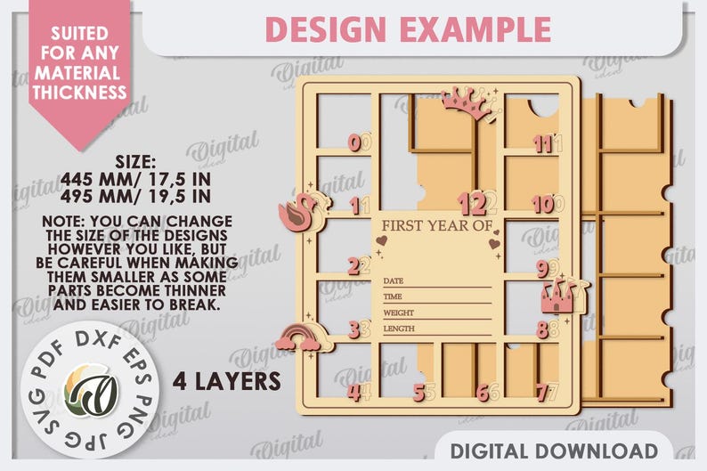 May include: A digital download design for a princess-themed first year memory board. The design is made up of 12 squares with a crown, rainbow, and the text "First Year Of". The design is 17.5 inches by 19.5 inches and has 4 layers.