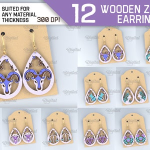 Zestaw kolczyków ze znakiem zodiaku, biżuteria ze znakiem zodiaku cięta laserowo, drewniane kolczyki wiszące z horoskopem, boho svg, kolczyki z wygrawerowanym znakiem zodiaku