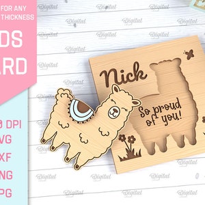 May include: A wooden card with a llama design and the text "Nick So proud of you!" The card is light brown with a white background.