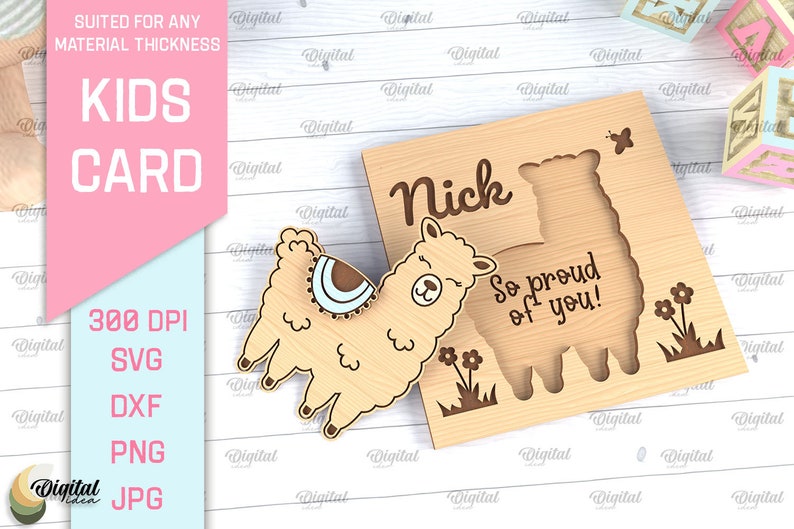 May include: A wooden card with a llama design and the text "Nick So proud of you!" The card is light brown with a white background.