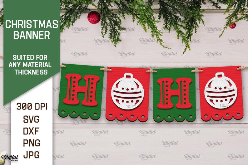 May include: A red and green Christmas banner with the words "HO HO" and ornaments. The banner is made of paper and has a scalloped edge.