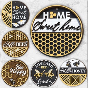 3D Bee round signs bundle, wall art laser cut, welcome round layered sign, wooden porch sign, honey bee quotes and sayings svg, home decor