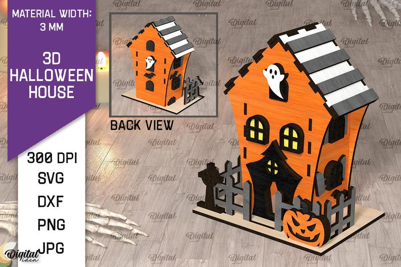 K&ouml;nnte beinhalten: Ein 3D-Halloweenhaus aus orangefarbenem Holz mit einem schwarz-wei&szlig; gestreiften Dach. Das Haus hat einen Geisterausschnitt, gew&ouml;lbte Fenster und einen K&uuml;rbis. Der Text "3D HALLOWEEN HOUSE" ist sichtbar.