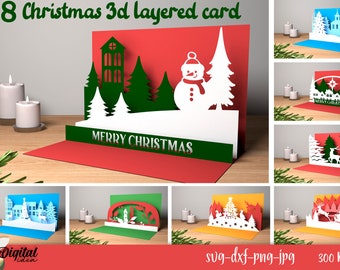 3D Weihnachtskarten Bundle, 3D Pop Up Weihnachtskarte, Weihnachtsgrußkarte, Weihnachtsszene Papierschnitt, Papercut Karte SVG