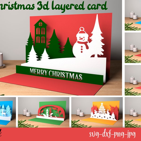 3D Christmas layered cards bundle, 3D Christmas pop up card, Xmas greeting card,Christmas scene paper cut, Papercut card SVG