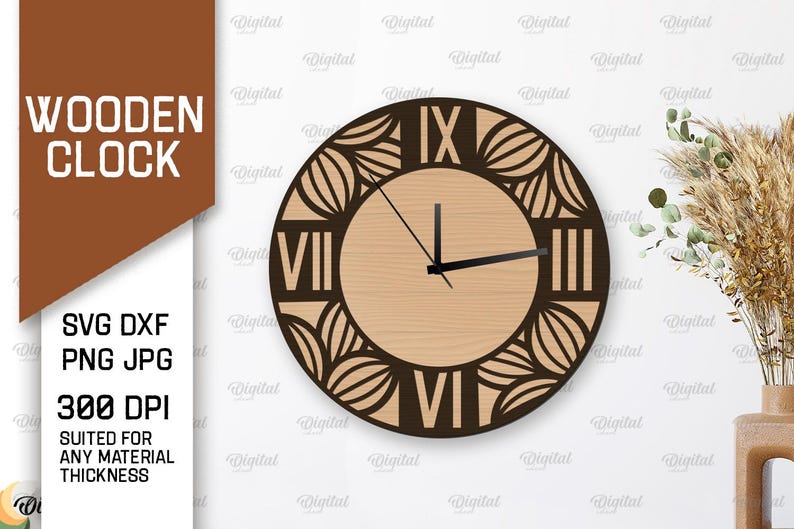 May include: A wooden clock with a brown floral design and Roman numeral markings. The clock is hanging on a white wall.