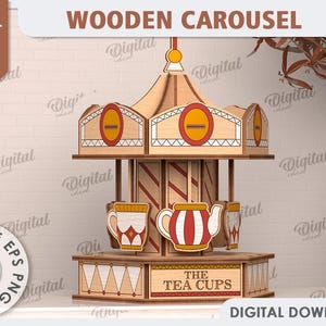 3D Wooden carousel, carousel laser cut, The Tea cups SVG, Merry go round model, shelf sitter, kids laser files, kettle and cups, teapot