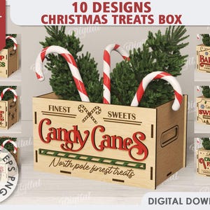Puede incluir: Diez diseños para cajas de golosinas navideñas. Las cajas son de madera y presentan una variedad de temas navideños, incluyendo bastones de caramelo, las golosinas favoritas de Santa y una fábrica de bastones de caramelo. Las cajas tienen 3 mm de ancho.