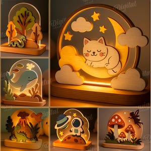 May include: A selection of ten illuminated wooden night lights, featuring designs such as a cat on a moon, a giraffe, and a rocket. The material width is 4 mm. The image includes the text "10 DESIGNS" and "DIGITAL DOWNLOAD".