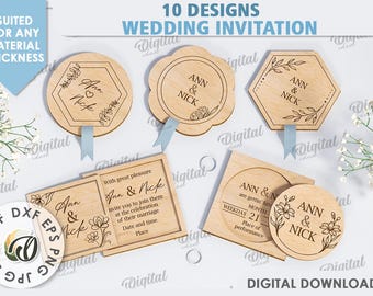 3D houten huwelijksuitnodigingen bundel, rustieke trouwkaart lasergesneden, boho uitnodigingskaart, gepersonaliseerd, aangepaste bloemen ronde uitnodiging svg