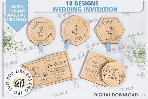 3D Wooden wedding invitations bundle, rustic wedding card laser cut, boho invite card, personalized, custom floral round invitation svg