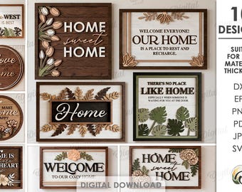 3D Welcome home signs bundle, hanging door sign laser cut files, home quotes svg, wooden wall layered sign, rustic, floral, home decor