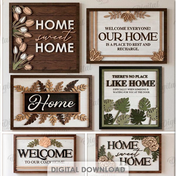 3D Welcome home signs bundle, hanging door sign laser cut files, home quotes svg, wooden wall layered sign, rustic, floral, home decor