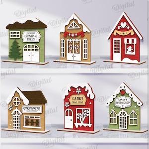 3D Christmas house stands bundle, Christmas vintage scene decor laser cut, wooden home decor svg, Xmas house shelf sitter, candy store