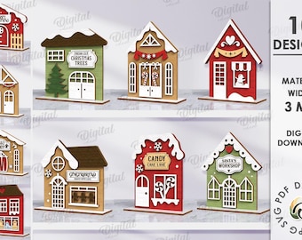 3D Christmas house stands bundle, Christmas vintage scene decor laser cut, wooden home decor svg, Xmas house shelf sitter, candy store
