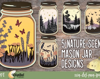 3D Mason jar gelaagde SVG, Papercut natuurscène in mason jar SVG, Mason jar met wilde bloemen ontwerpen
