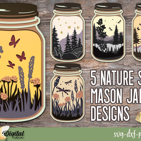 3D Mason jar layered SVG, Papercut nature scene in mason jar SVG, Mason jar with wildflowers designs