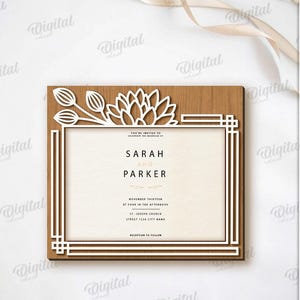 May include: A wooden invitation with a white floral and geometric design. The invitation includes the names "Sarah and Parker" and event details. The design is suitable for any material thickness and is available in DXF, EPS, PNG, PDF, JPG, and SVG formats.