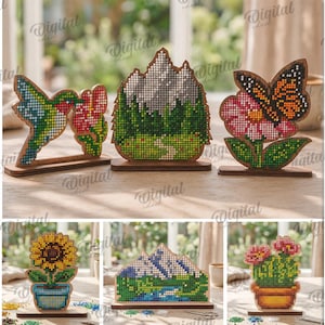May include: A collection of ten decorative wooden stand-up figures featuring colorful mosaic-style patterns of flowers, cacti, mountains, and a hummingbird. The items are 3 mm in width and include digital files in PDF, DXF, EPS, SVG, JPG, and PNG formats.