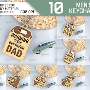 Father&#39;s day keychains bundle, dad keychain laser cut, father wooden key ring, fathers day quotes and sayings, funny dad keychain svg